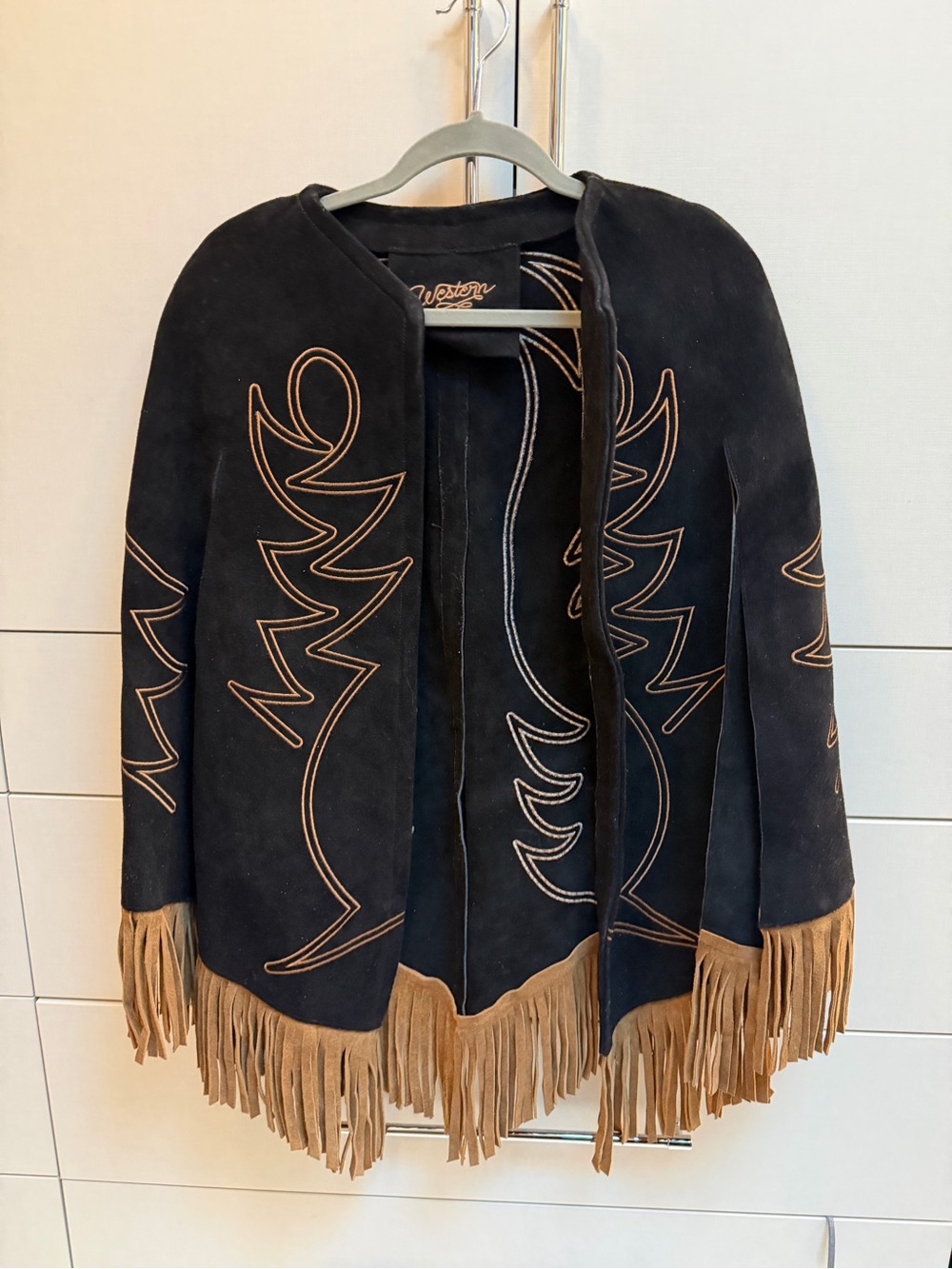 Black Suede Fringe Cape with Contrast Stitching